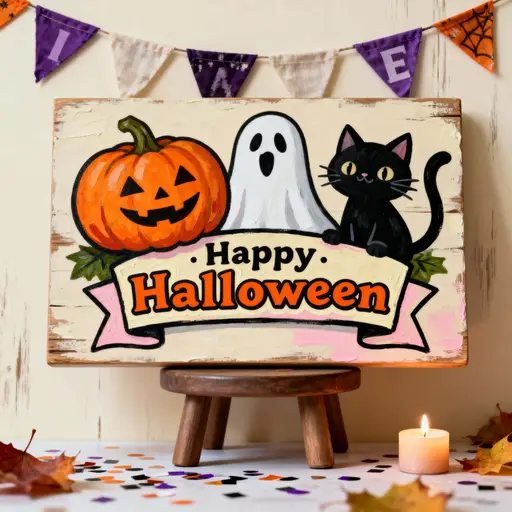 Halloween sign with cheerful characters
