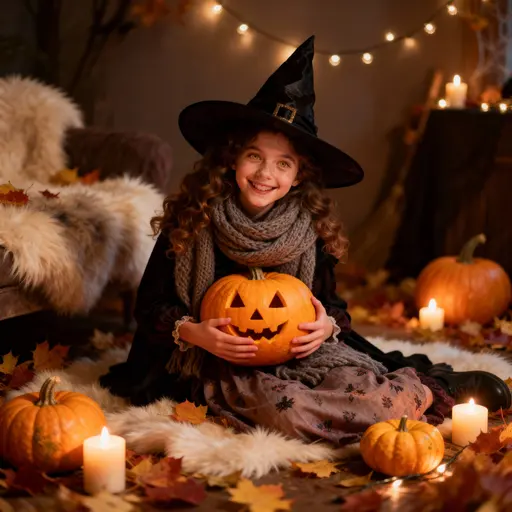 Child embracing a Halloween pumpkin