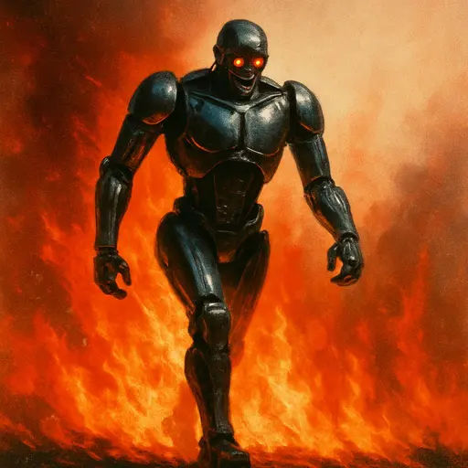 Futuristic humanoid combat robot — walking through flames