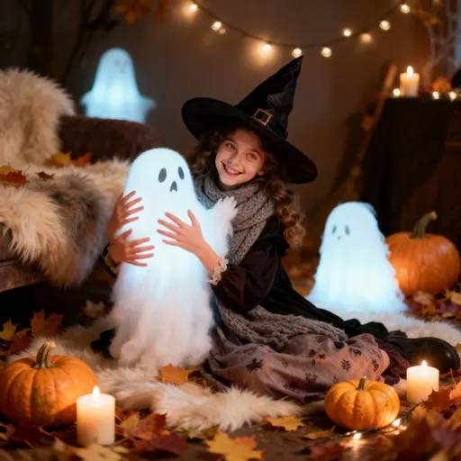 Girl embracing a fluffy ghost.