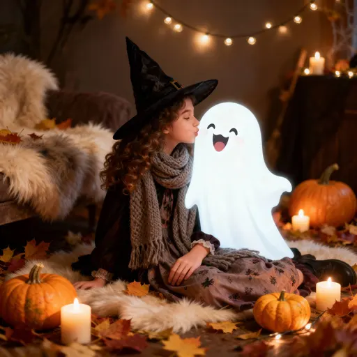 Girl kissing cute ghost in autumn setting
