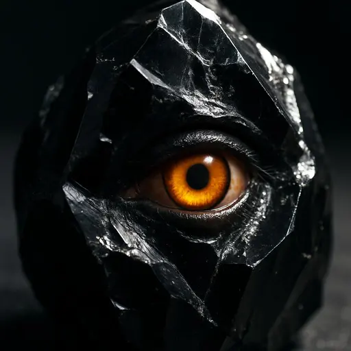 Glowing eye on black crystal — a surreal horror close-up