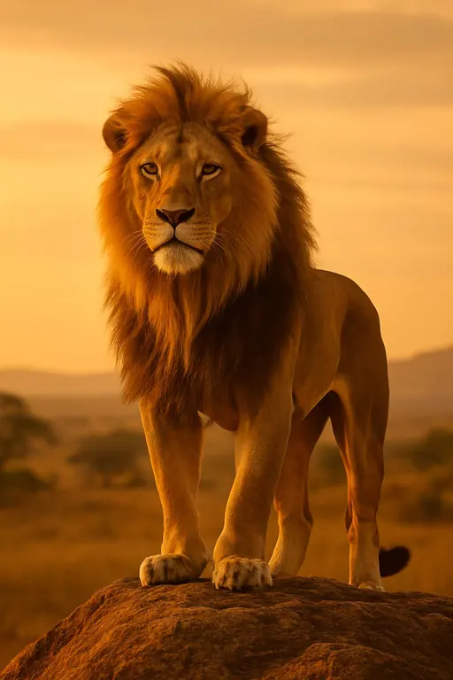 Majestic adult male lion — standing proud on a rocky hill