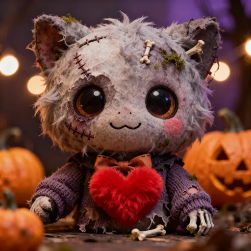 Zombie doll hugging a red heart